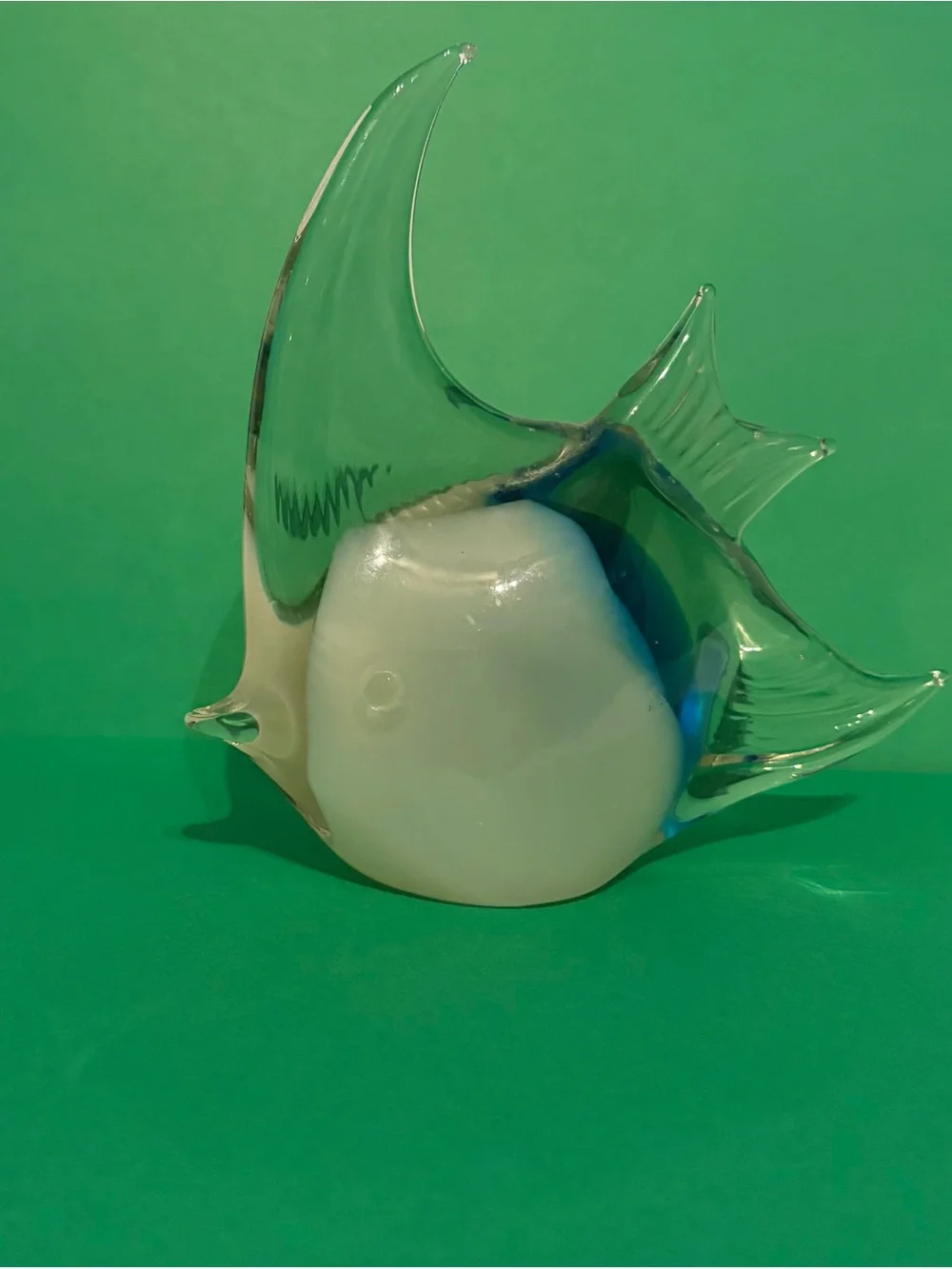 Clear Glass Fish Figurine with White Body and a touch of blue.